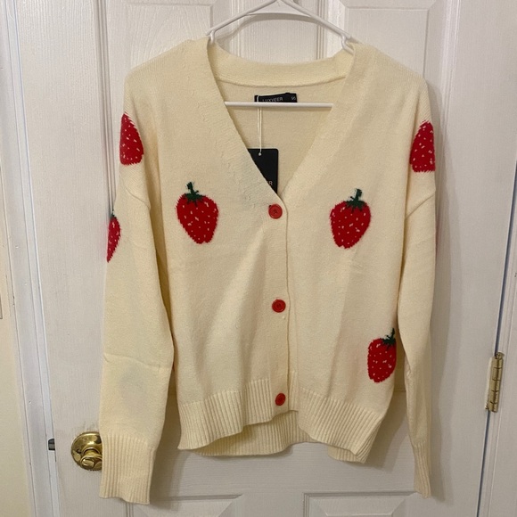 Sweaters - Cream Sweater with Red Strawberry Design